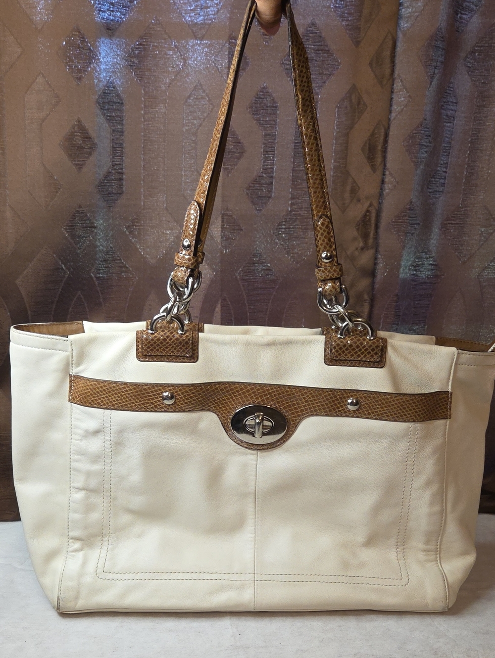 Coach Cream Tote Bag with Brown Trim, Kisslock Front Pocket